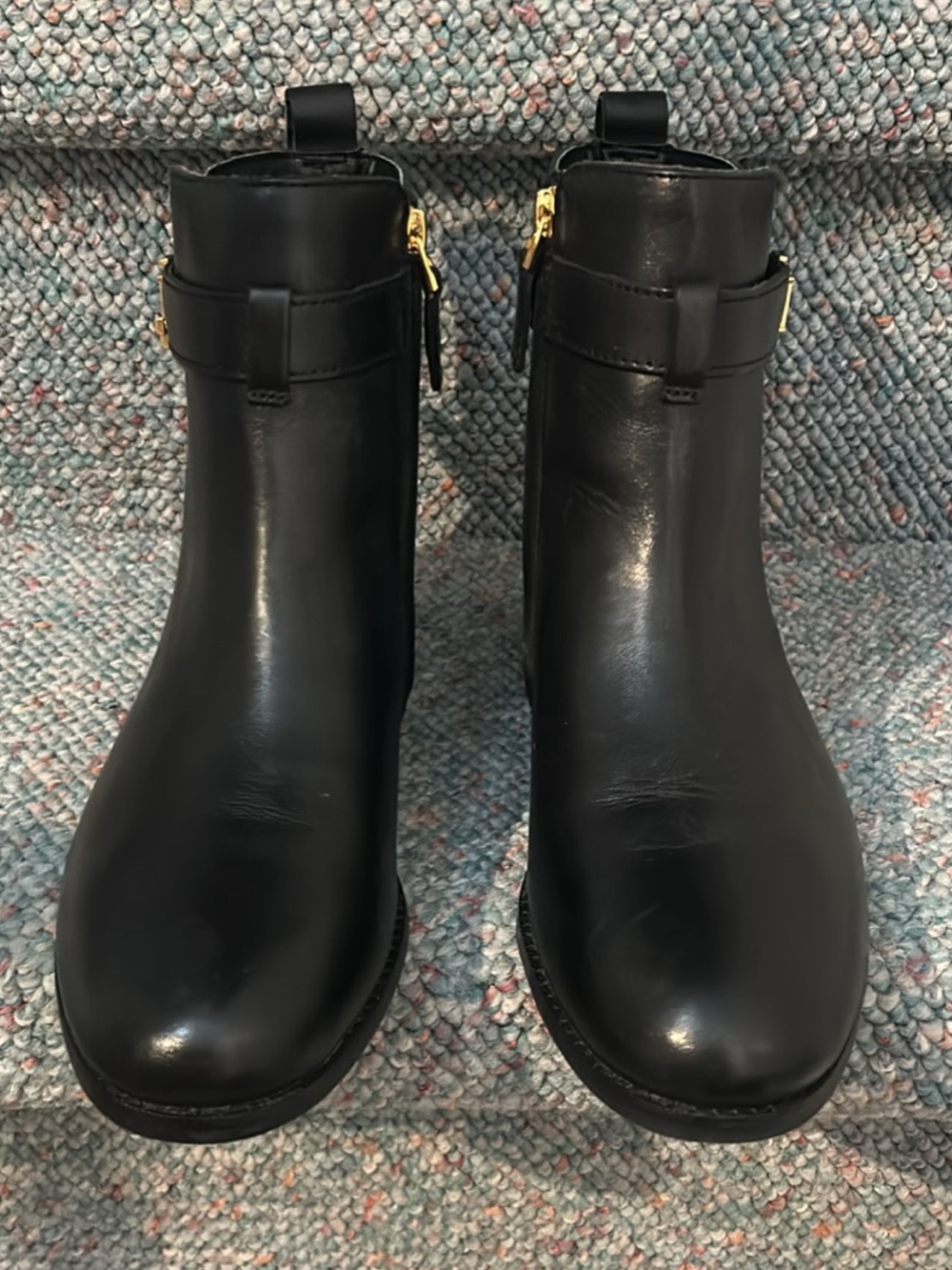 Ralph Lauren Black Leather Ankle Booties with Gold RL Accent - Picture 3 of 7